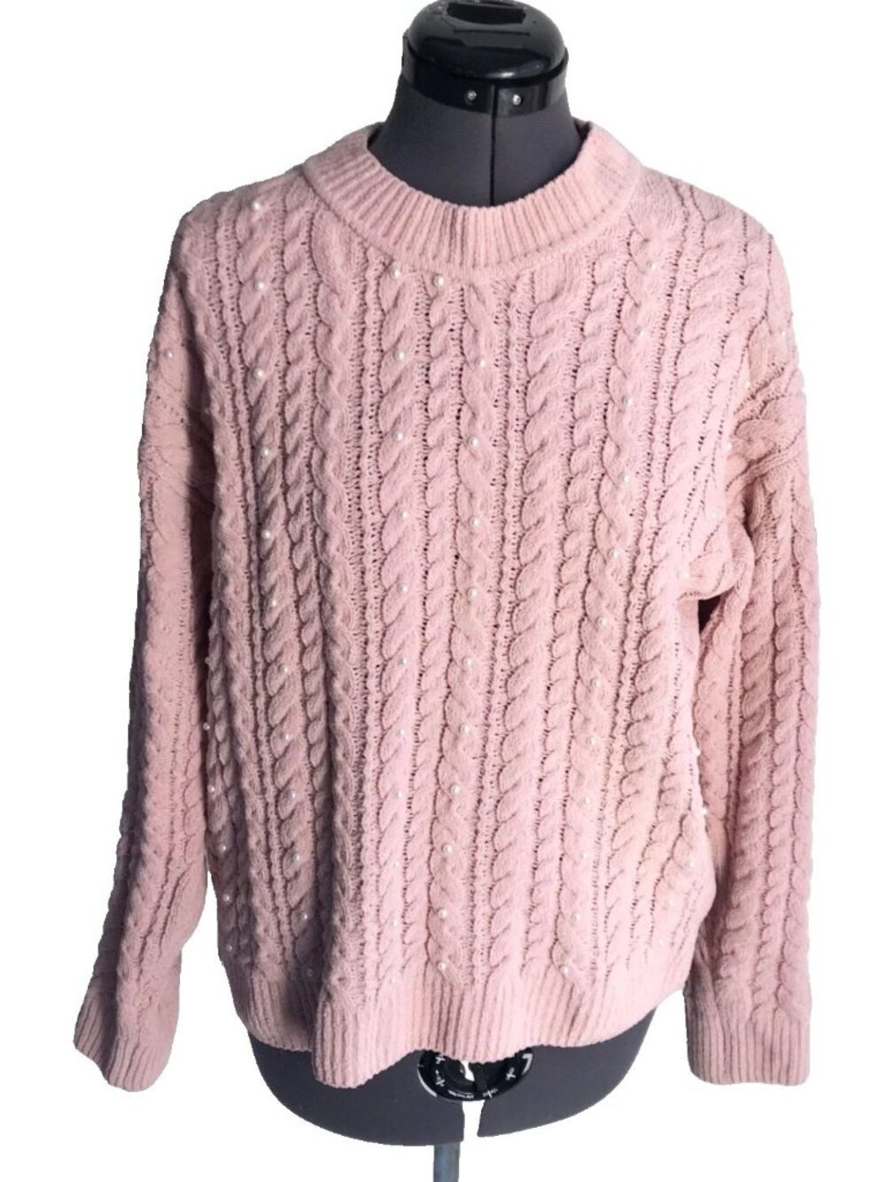 Women's Cynthia Rowley Dusty Pink Cable Knit Sweater with Pearls, Size M